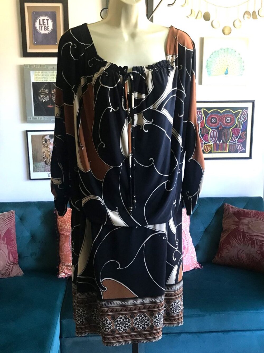 MUSE size 12 Black Brown & Cream Stretch Jersey Blouson Cold Shoulder Dress